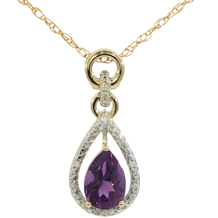 Diamond Halo 14k Yellow Gold Pear Amethyst Drop Pendant