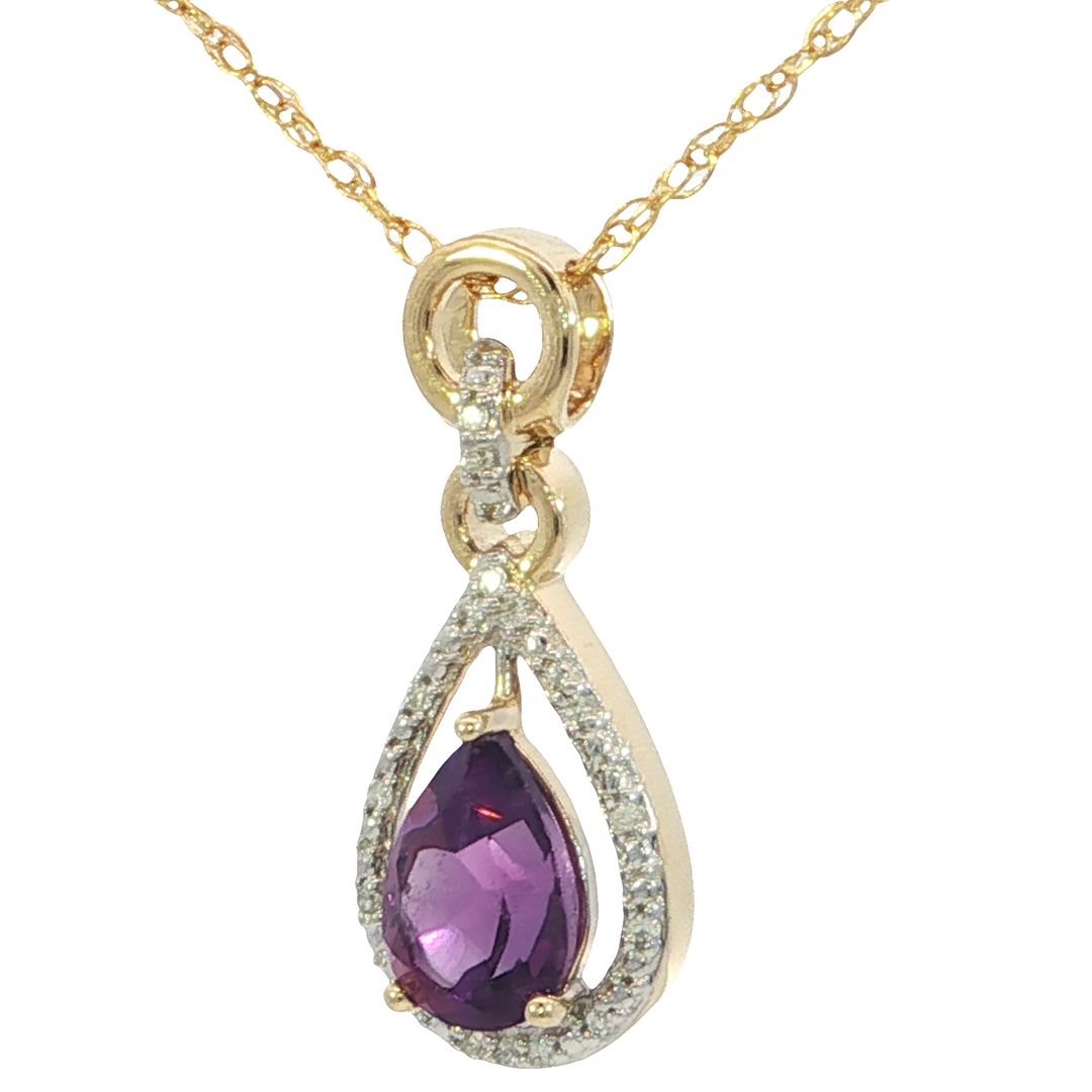 Diamond Halo 14k Yellow Gold Pear Amethyst Drop Pendant