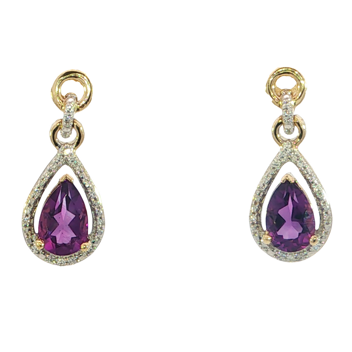 Diamond Halo 14k Yellow Gold Pear Amethyst Drop Earrings