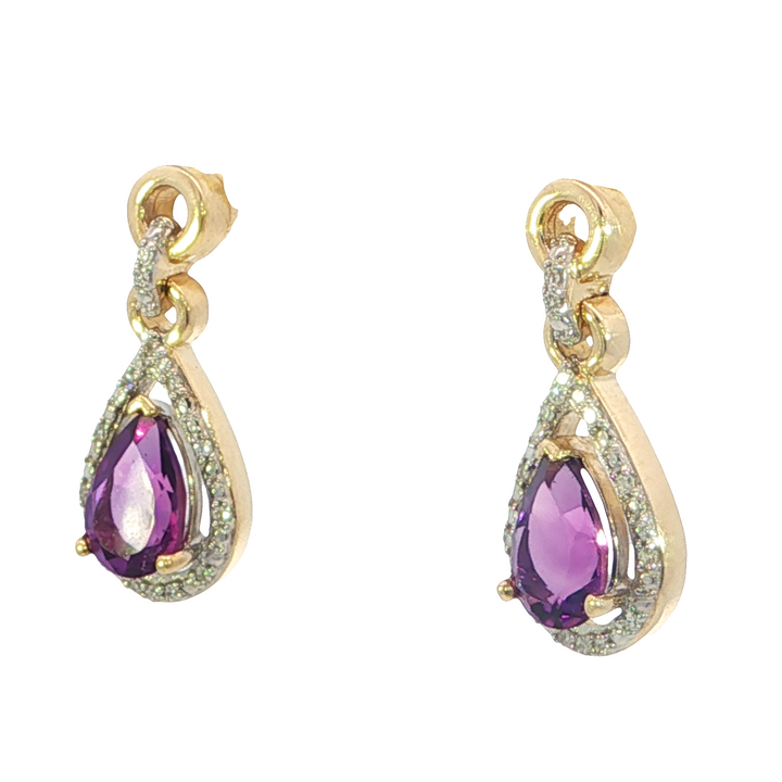 Diamond Halo 14k Yellow Gold Pear Amethyst Drop Earrings