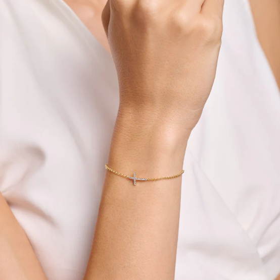 Sideways Cross Sterling Silver Yellow Gold Plated Lab Grown Diamond Bracelet