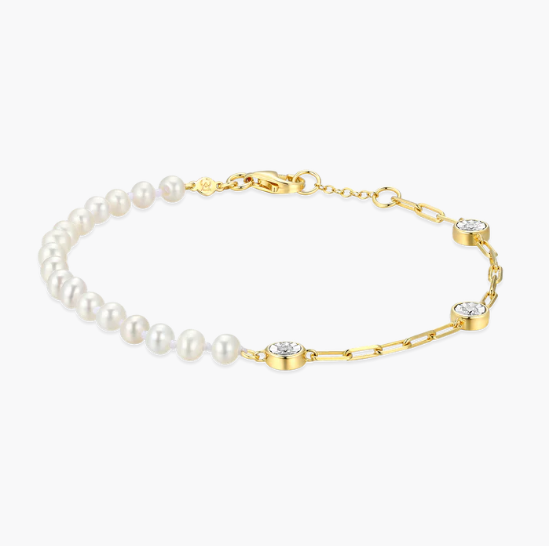 Pearl Station Sterling & 14k Yellow Gold Plated Lab Grown Diamond Bracelet
