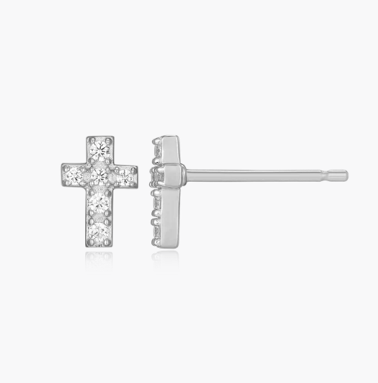 Cross Sterling Silver White Gold Lab Grown Diamond Earrings