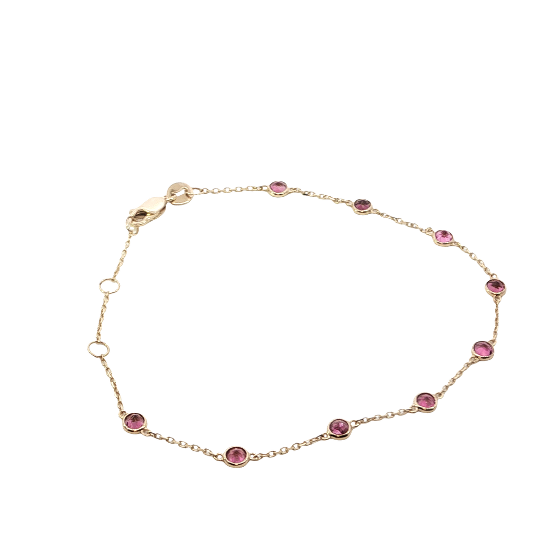 14k Yellow Gold Round Pink Tourmaline Fancy Link Station Bracelet