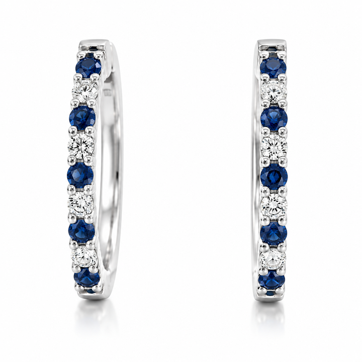 Diamond Alternating 14k White Gold Round Sapphire Hoop Earrings