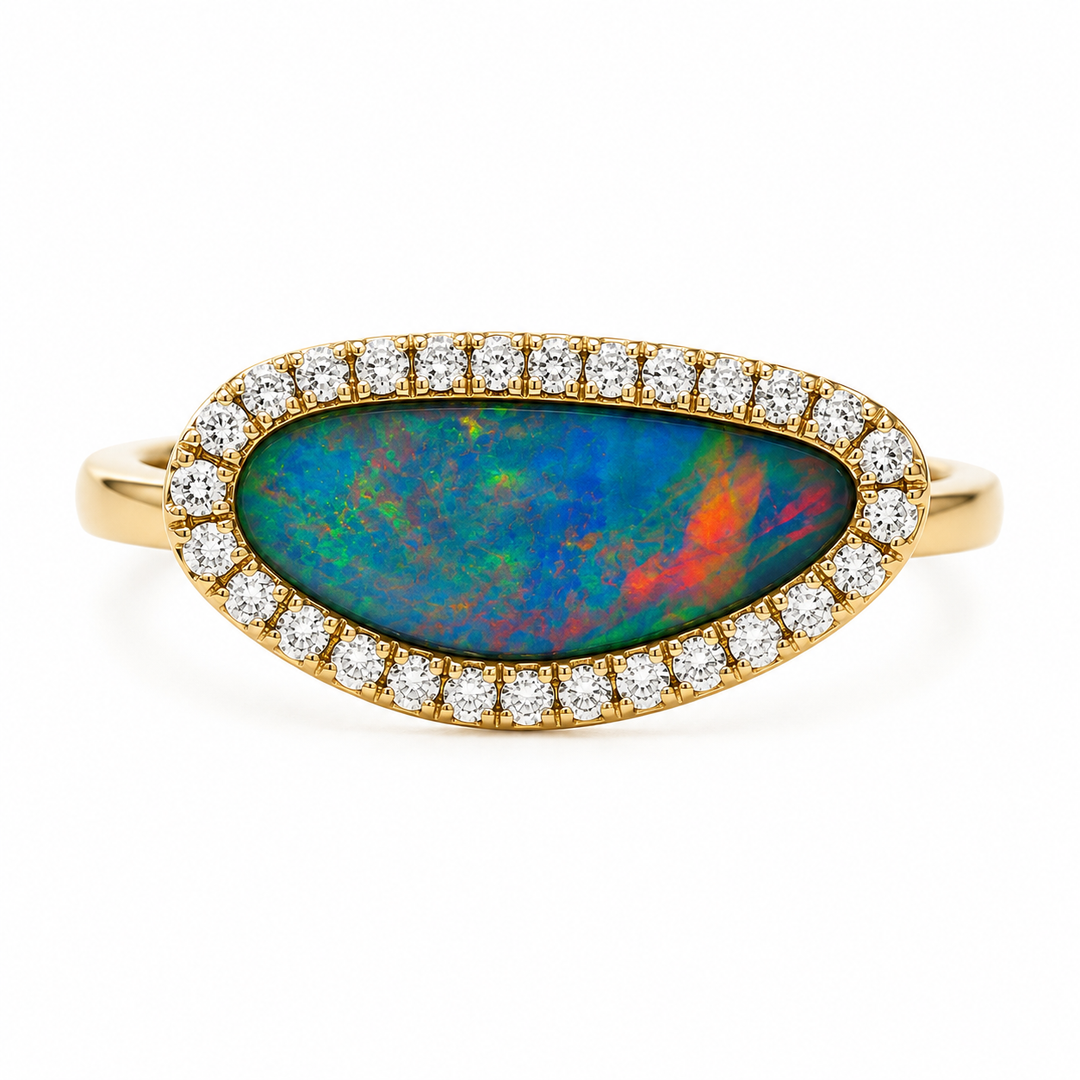 14k Yellow Gold Freeform Opal Halo Asymmetrical Oval with Diamonds Ring