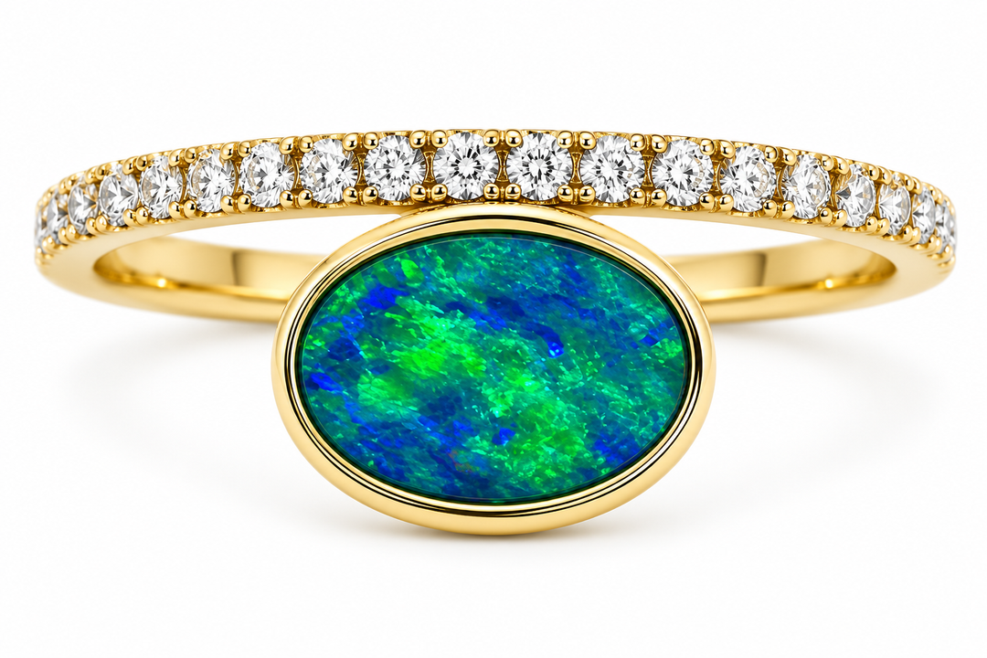 14k Yellow Gold Oval Opal Bezel Set Offset with Diamond Band Ring