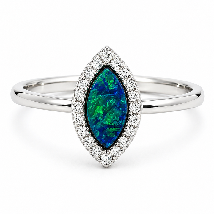 14k White Gold Marquise Opal Halo Diamond Ring