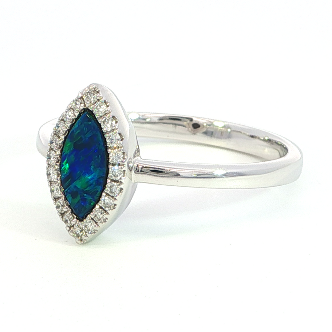 14k White Gold Marquise Opal Halo Diamond Ring