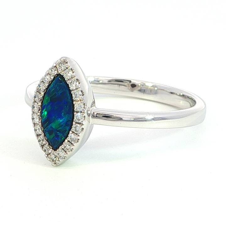 14k White Gold Marquise Opal Halo Diamond Ring