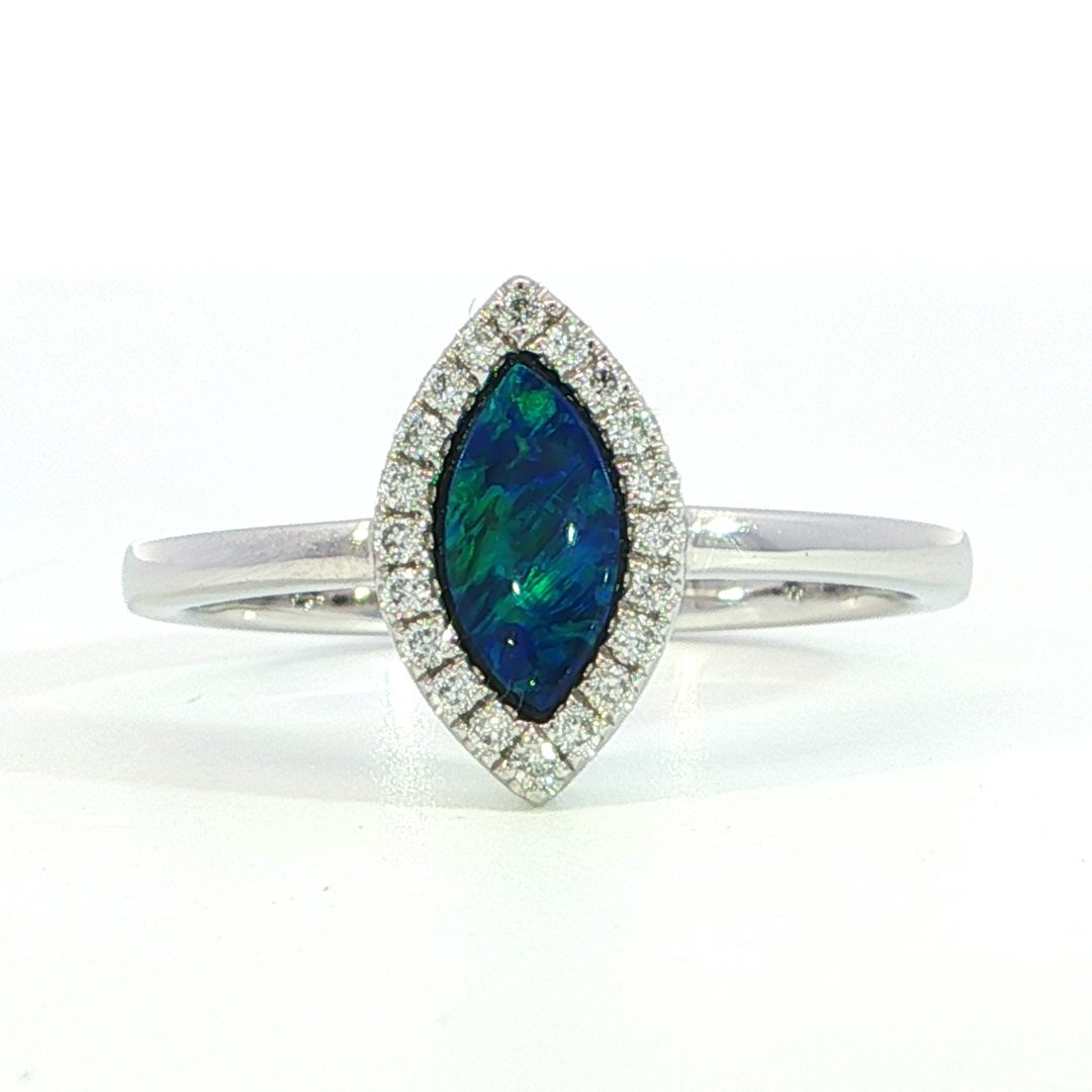 14k White Gold Marquise Opal Halo Ring