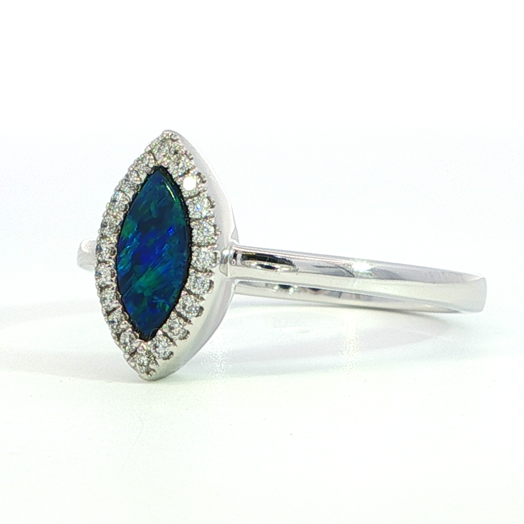14k White Gold Marquise Opal Halo Diamond Ring