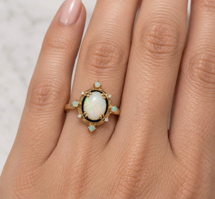 14k Yellow Gold Multi Shape Opal Vintage Black Enamle Border with Diamonds Ring