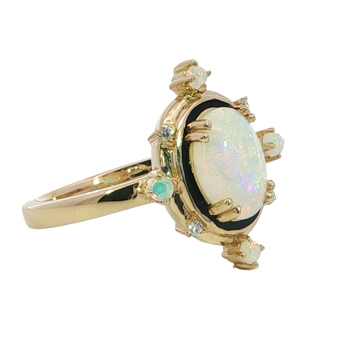 14k Yellow Gold Multi Shape Opal Vintage Black Enamle Border with Diamonds Ring