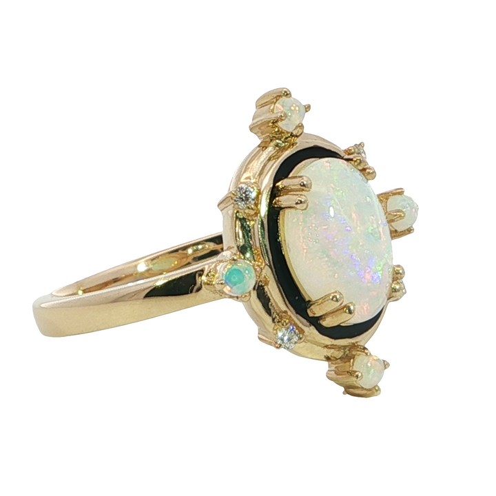 14k Yellow Gold Multi Shape Opal Vintage Black Enamle Border with Diamonds Ring