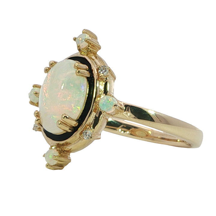 14k Yellow Gold Multi Shape Opal Vintage Black Enamle Border with Diamonds Ring
