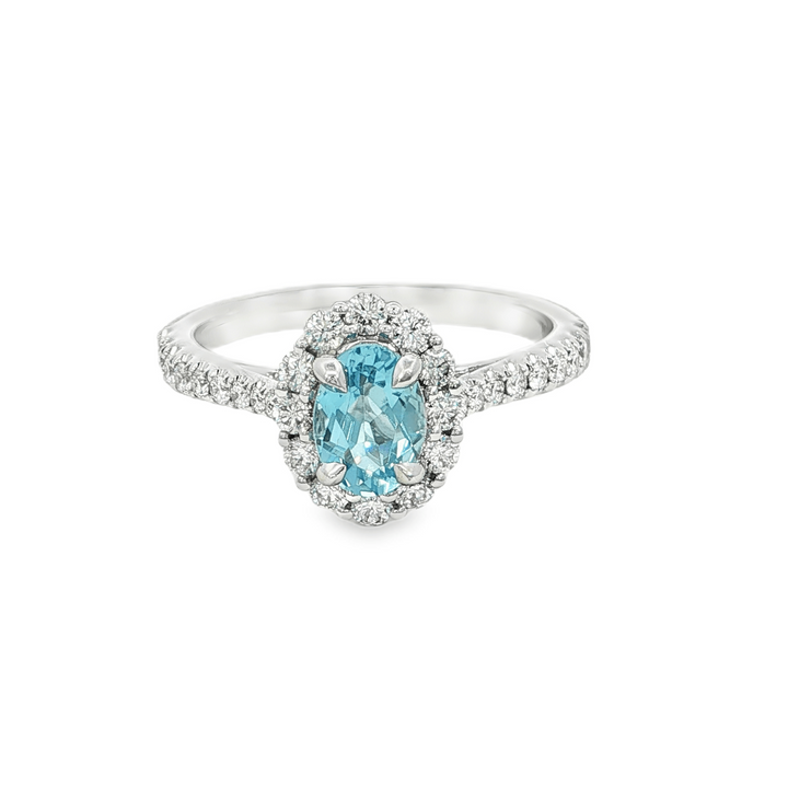 14k White Gold Oval Aquamarine Halo Ring