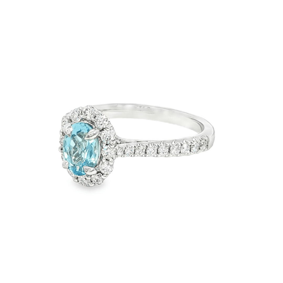 14k White Gold Oval Aquamarine Halo Ring