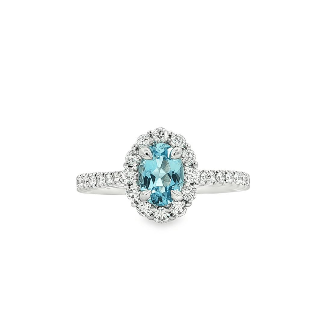 14k White Gold Oval Aquamarine Halo Ring