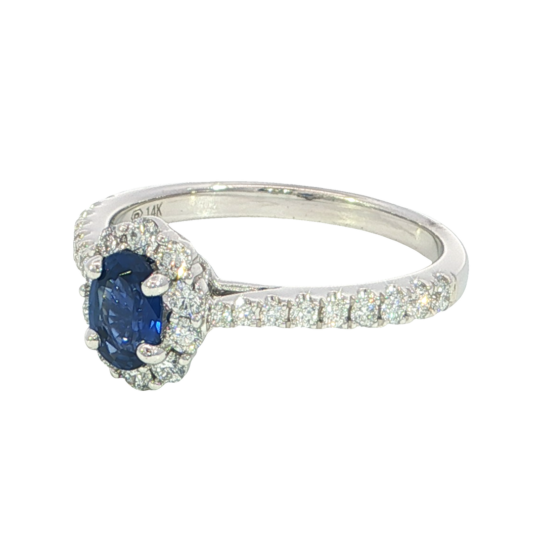14k White Gold Oval Sapphire Halo Ring