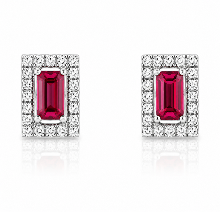 Diamond Halo 14k White Gold Emerald Cut Ruby 4 Prong Stud Earrings