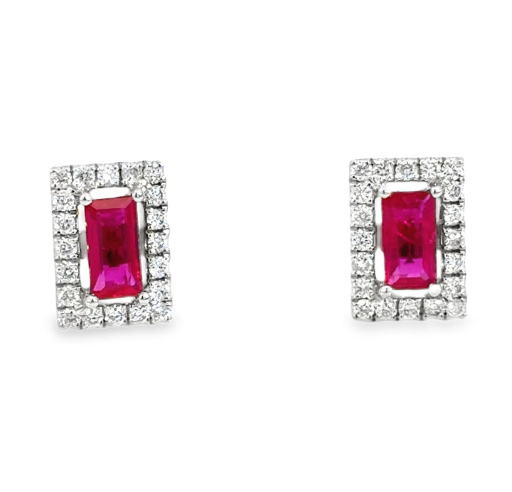 Diamond Halo 14k White Gold Emerald Cut Ruby 4 Prong Stud Earrings