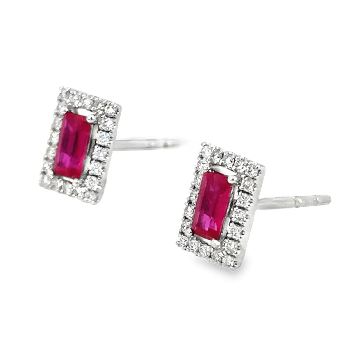 Diamond Halo 14k White Gold Emerald Cut Ruby 4 Prong Stud Earrings