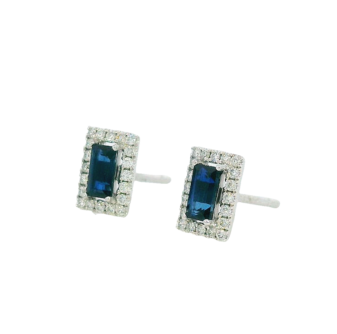 14k White Gold Emerald Cut Sapphire Stud Earrings