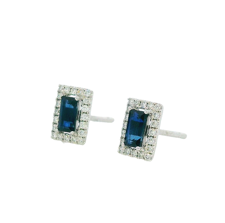 14k White Gold Emerald Cut Sapphire Stud Earrings