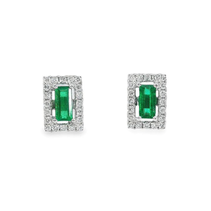 Emerald Cut Emerald Diamond Halo Earrings, 14k White Gold