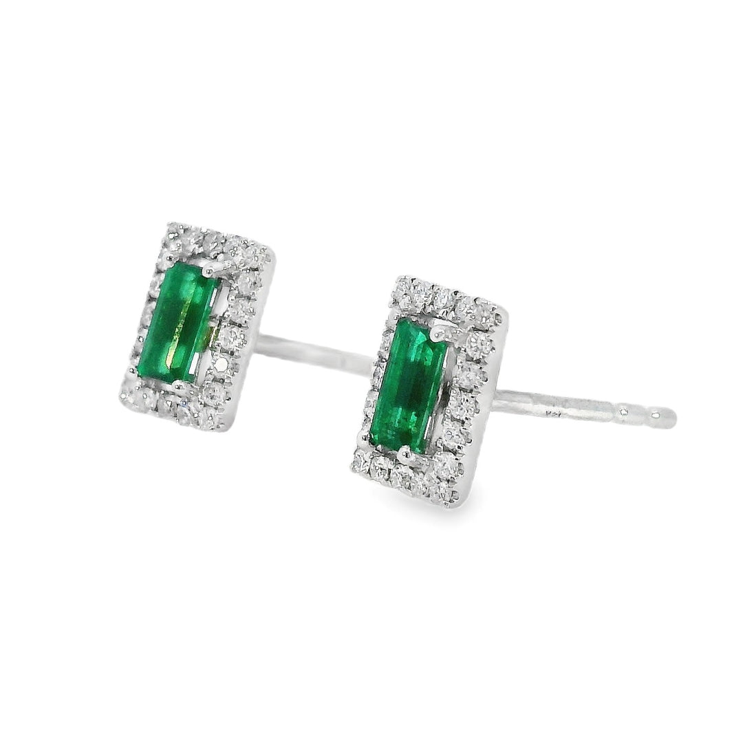 Emerald Cut Emerald Diamond Halo Earrings, 14k White Gold