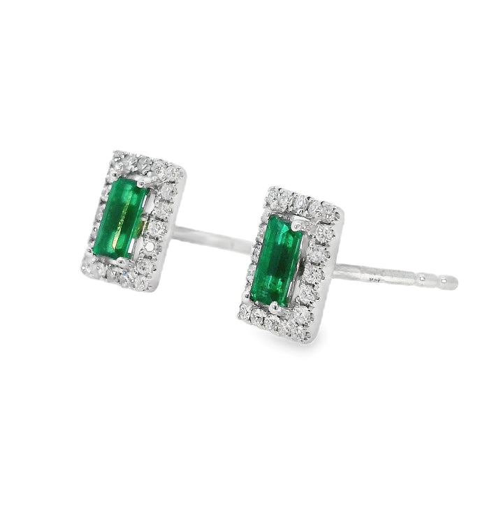 Emerald Cut Emerald Diamond Halo Earrings, 14k White Gold