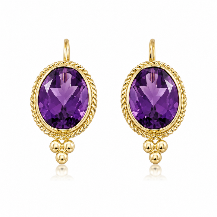Bezel Set with Rope Border 14k Yellow Gold Oval Amethyst Leverback Earrings