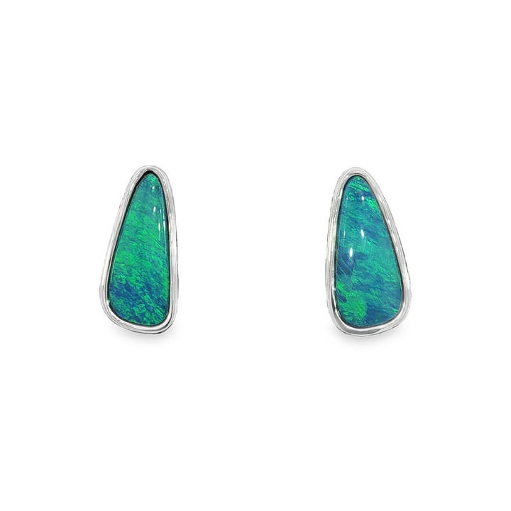 Elongated Pear Shape 14k White Gold Freeform Opal Bezel Set Earrings