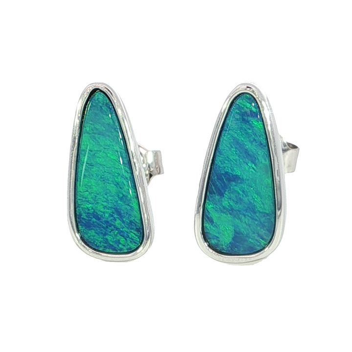 Elongated Pear Shape 14k White Gold Freeform Opal Bezel Set Earrings