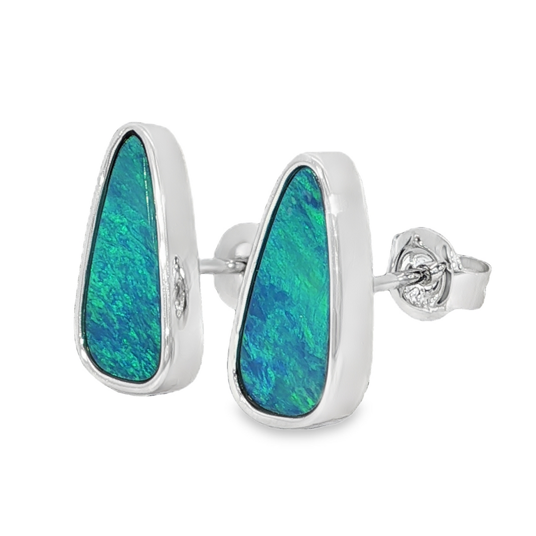 Elongated Pear Shape 14k White Gold Freeform Opal Bezel Set Earrings