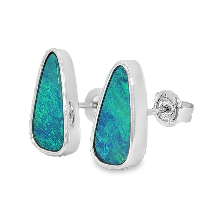Elongated Pear Shape 14k White Gold Freeform Opal Bezel Set Earrings