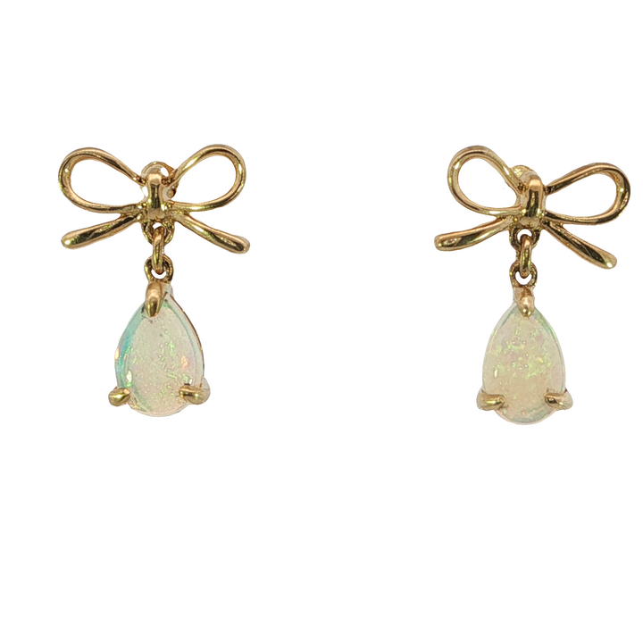Bow 14k Yellow Gold Pear Opal Drop Earrings