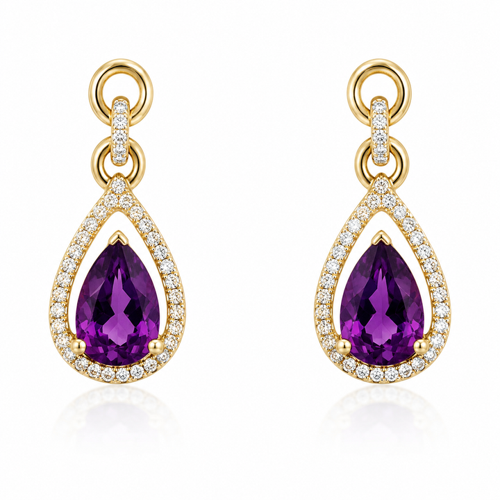Diamond Halo 14k Yellow Gold Pear Amethyst Drop Earrings