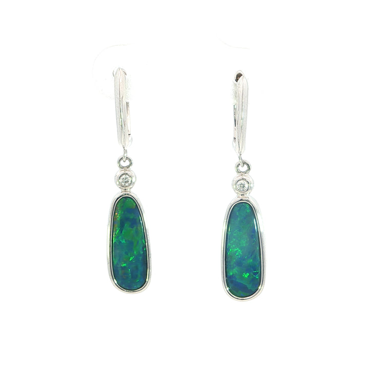 Diamond accented 14k White Gold Freeform Opal Drop Earrings