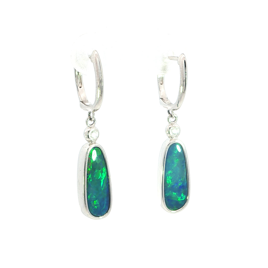 Diamond accented 14k White Gold Freeform Opal Drop Earrings