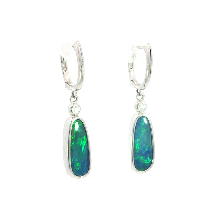 Diamond accented 14k White Gold Freeform Opal Drop Earrings