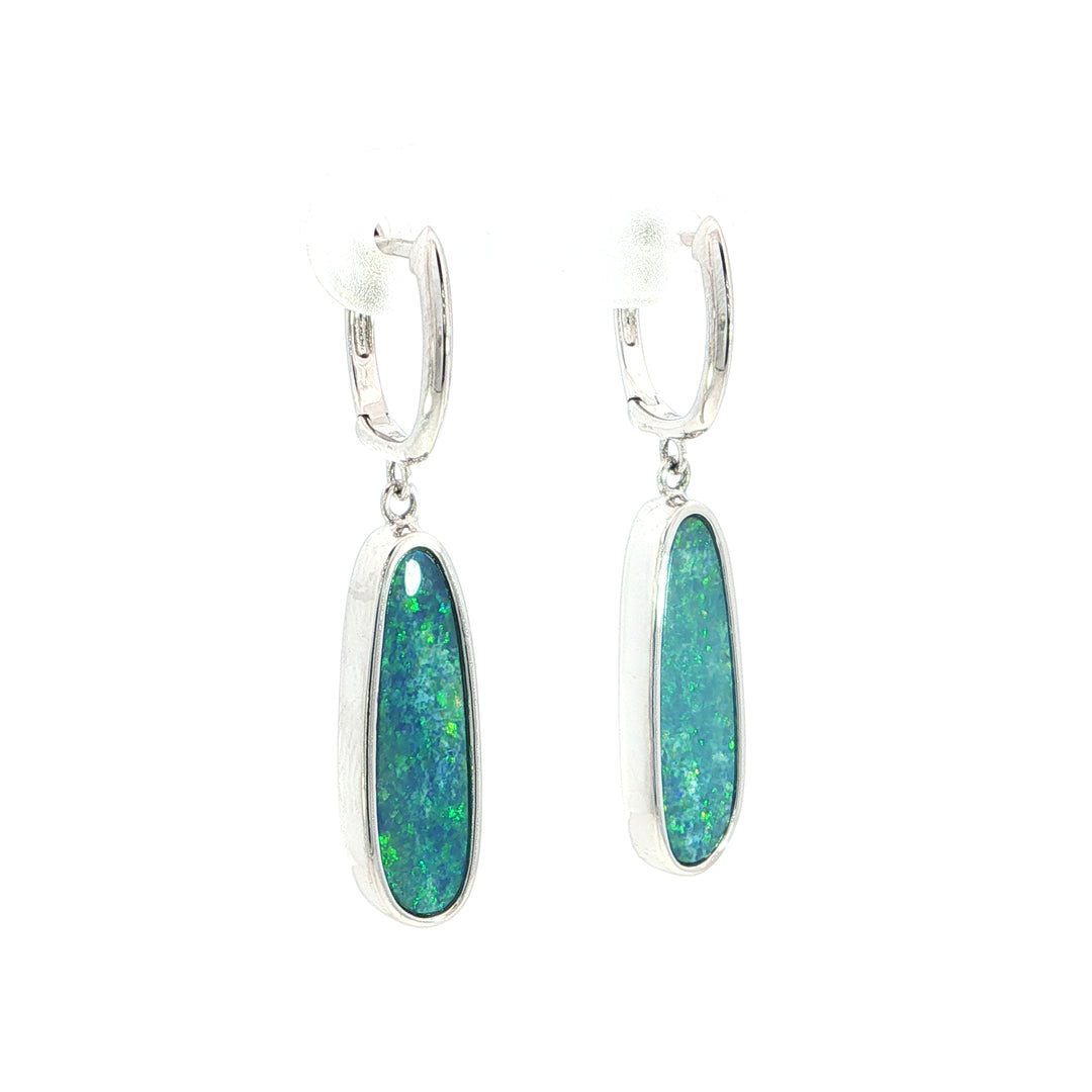 Bezel Style 14k White Gold Freeform Opal Drop Earrings