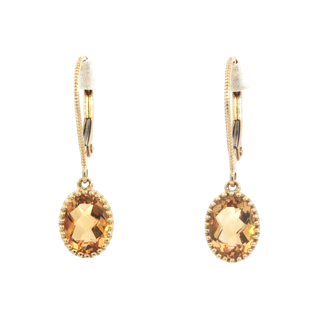 Bezel Set 14k Yellow Gold Oval Citrine Drop Earrings