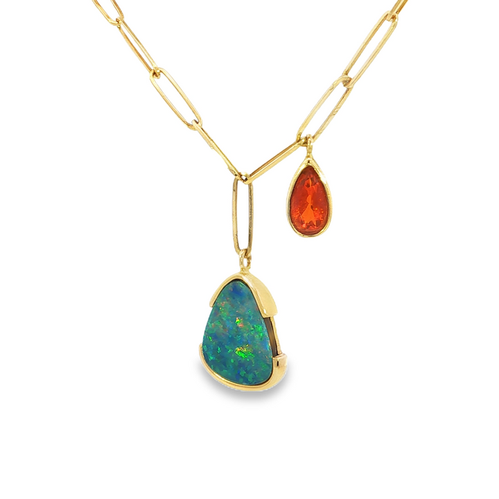 Austrailian & Fire Opal Necklace, 14k Yellow Gold