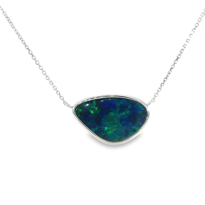 14k White Gold Freeform Opal Bezel Set Single Gemstone Necklace