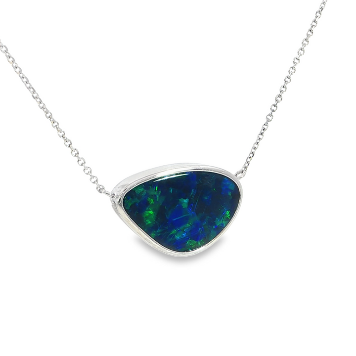 14k White Gold Freeform Opal Bezel Set Single Gemstone Necklace