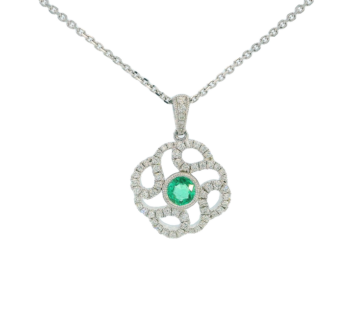 14k White Gold Round Emerald Vintage Pendant