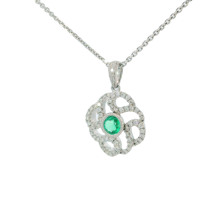 14k White Gold Round Emerald Vintage Scroll Pattern Pendant