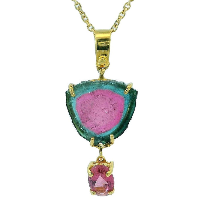 14k Yellow Gold Multi Shape Watermelon Tourmaline Drop with Oval Tourmaline Dangle Pendant